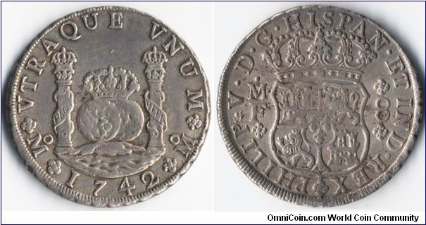 8 Reales 1742 MF, Philip V.
early Pillar Dollar,
Mexico mint,
Australian Proclamation Coin,
PC6