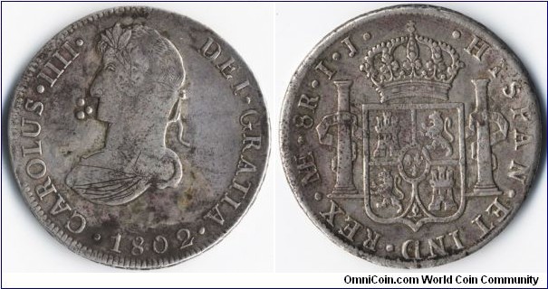 8 Reales 1802 IJ, Carolus IIII.
with a bust of Ferdinand VII. tooled over.
Lima mint,
Australian Proclamation Coin,
PC34