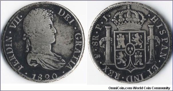 8 Reales 1820 P.J.  
Ferdinand VII.
Potosi mint,
Australian Proclamation Coin,
PC39
