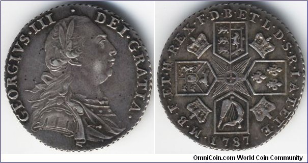 Shilling 1787,
George III.
type “with semee of hearts” on Hanoverian shield,
silver 6g, 
Australian Proclamation Coin,
PC10