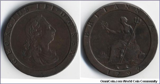 Cartwheel Penny 1797,
George III.
Soho mint, 28.6g / 36 mm,
Australian Proclamation Coin,
PC13