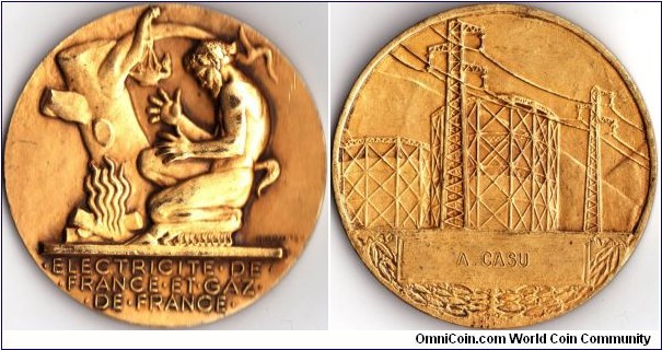 Gilt Bronze long term service medal issued by Electricite de France and Gaz de France 