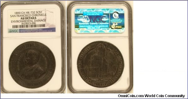 HK-732 San Francisco Chronicle 25th Anniv SC$1 White Metal NGC AU  Details