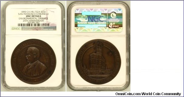HK-732A San Francisco Chronicle 25th Anniv SC$1 Bronze NGC UNC Details