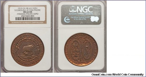 HK-412 South Carolina Fund PPIE SC$1 Bronze NGC MS-62RB