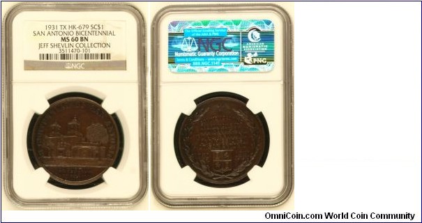 HK-679 San Antonio TX Bicentennial SC$1 Bronze NGC MS-60 BN Shevlin Pedigree