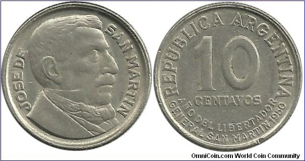 Argentina 10 Centavos 1950-Ni, Centennial death of Liberator Gn. San Martin