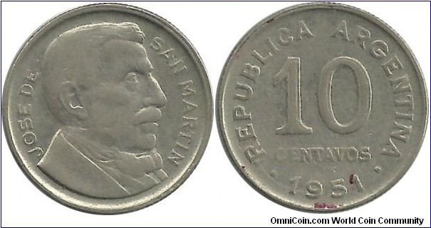 Argentina 10 Centavos 1951