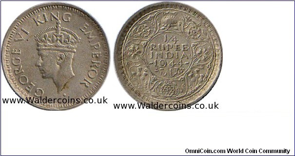 George VI 1/4 Rupee
Silver Bombay mint mark