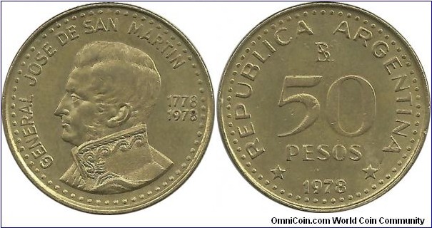 Argentina 50 Pesos 1778-1978, 200th Anniversary of Birth of Jose de San Martin