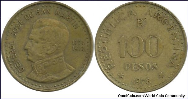 Argentina 100 Pesos 1778-1978, 200th Anniversary of Birth of Jose de San Martin