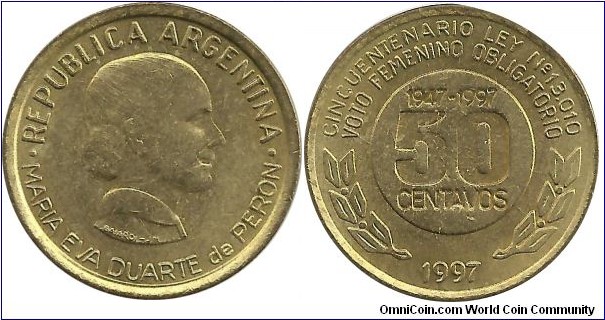 Argentina 50 Centavos 1997 (Eva Duarte de Peron - 50th Anniversary Women's Suffrage Law 1947-1997)