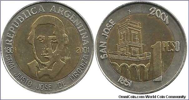 Argentina 1 Peso 2001 - 200th Anniversary - Birth of Gn. Justo José de Urquiza