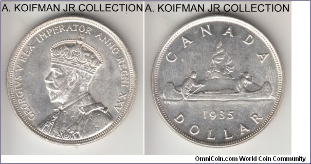 KM-30, 1935 Canada dollar; silver, reeded edge; George V, 25'th anniversary of the reign, one year circulation commemorative, bright white uncirculated or almost.
