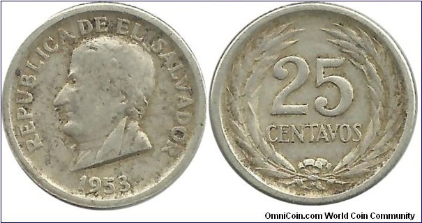 ElSalvador 25 Centavos 1953-Ag