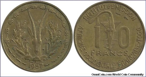 French West Africa 10 Francs 1957