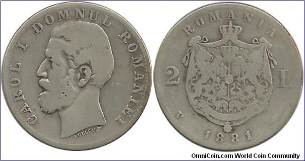 Romania 2 Lei 1881V Prince Carol I