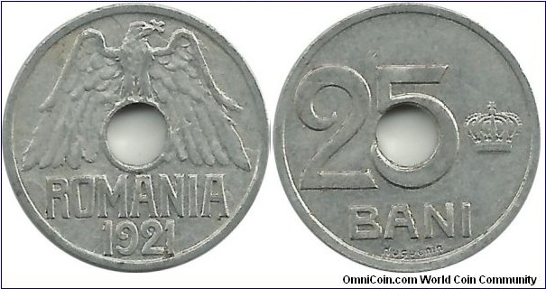 Romania 25 Bani 1921 - Ferdinand I (Struck in Switzerland, at Huguenin Fréres & Co., Le Locle.)