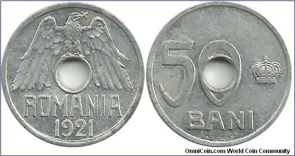 Romania 50 Bani 1921 - Ferdinand I (Struck in Switzerland, at Huguenin Fréres & Co., Le Locle.)