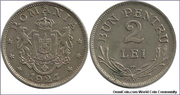 Romania 2 Lei 1924(p) Thunderbold - The lightning marked coins were struck at the Coinage French Society (Poissy branch)