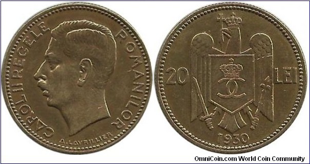 Romania 20 Lei 1930 -At Royal Mint in London coins without any distinctive sign were struck. 