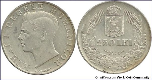 Romania 250 Lei 1941 - Edge script: NIHIL SINE DEO