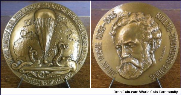 1980 France Jules Verne Protrait Medal by Roger B. Baron. Bronze 70MM./191.7 gm.
Obv: Portrait of Jules Venre 1828-1905, Science-Georgraphie-Fiction. Rev: Mentions the books -Around the World in 80 Days, 5 Weeks in a Balloon, Travel del Earth to the Moon, 20,000 Leagues Under the Sea. Showing a modern high altitude balloon, a map showing Africa & Europe, a map of part of the moon, a modern submarine, and an octopus (not a squid)
