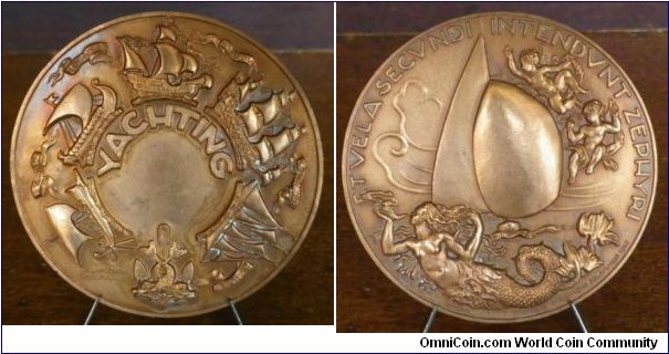 1948 France Yachting Mermaid Medal by Raymond Delamarre Angel Drakkar. Bronze: 80MM./265 gm.
Obv: YACHTING featuring 5 yachts Drakkar, Santa Maria, Argo, Couronne & Aliee. Rev: Mermaid, a yacht & 2 Angels.
