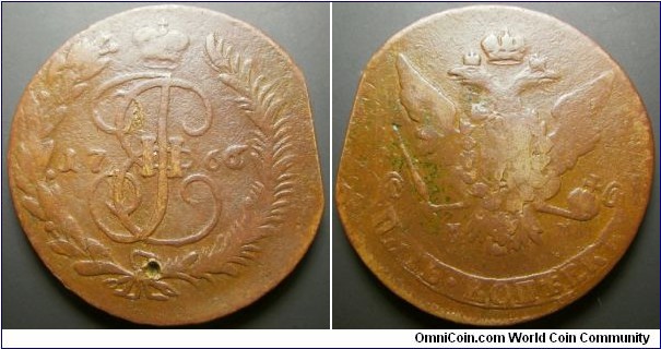 Russia 1766/5 Moscow Mint 5 kopek. Cut damage but still nice condition. Weight: 51.32g.  