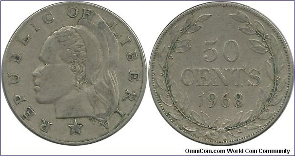 Liberia 50 Cents 1968 - Star is near the head