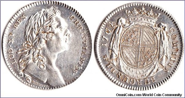 silver jeton issued for the Burgundy Parliament in 1764 during the reign of Louis XCV. Obverse shows mature bust of Louis XV by Benjamin DuVivier. Reverse, bBurgundian coat of arms.