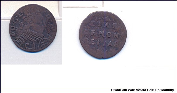 LIAR DEMON BELIAR. UNIDENTIFIED FRENCH DEVIL COIN, SAME FORMAT AS A 1600S LIARD. INTERESTED TO KNOW WHAT IT IS NOTHING LIKE IT ON THE NET