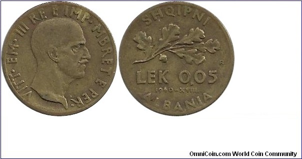 Albania 0,05 Lek 1940R - Italian occupation WW II