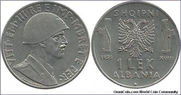 Albania 1 Lek 1939R - Italian occupation WW II