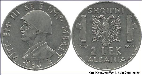 Albania 2 Lek 1939R - Italian occupation WW II