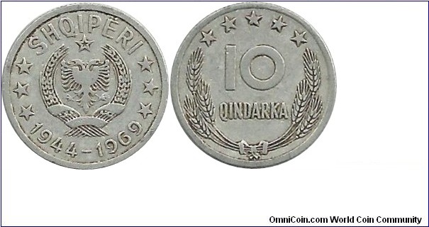 Albania 10 Qindarka 1969 - 25th anniversary of the liberation 1944 - 1969
