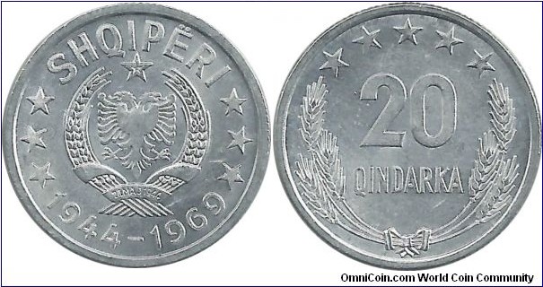 Albania 20 Qindarka 1969 - 25th anniversary of the liberation 1944 - 1969