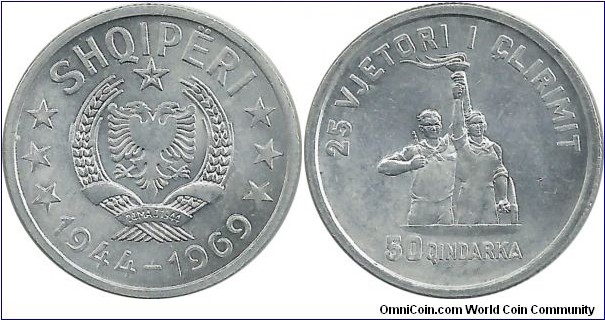 Albania 50 Qindarka 1969 - 25th anniversary of the liberation 1944 - 1969