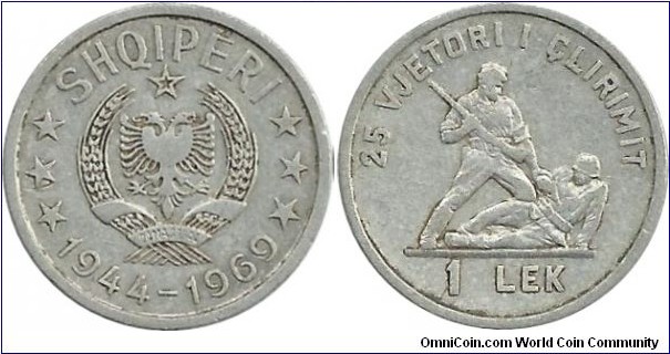 Albania 1 Lek 1969 - 25th anniversary of the liberation 1944 - 1969