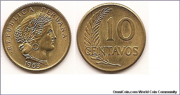 10 Centavos
KM#224.2
2.7000 g., Brass, 20 mm. Obv: Head right Rev: Value to right of sprig Note: Thin planchet - 1.3mm