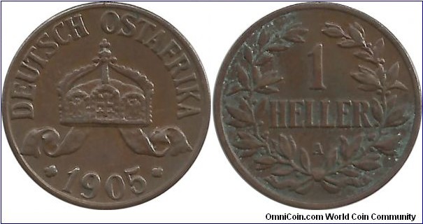 DOAfrika 1 Heller 1905A (mintmark A = Berlin,Germany)