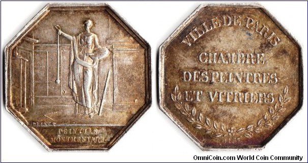 silver jeton minted for the `Chambre des Peintres et Vitriers' a trade association (guild) for painters and glaziers. This jeton dated 1837 and engraved by Brenet