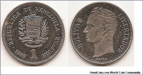 1 Bolivar
Y#52a.1
4.2000 g., Nickel Clad Steel, 23 mm. Obv: National arms above ribbon, plants flank, cornucopias above Rev: Head of Bolivar left Note: Both sides of coin have small letters and date