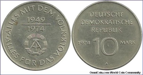 DDR 10 Mark 1974A - XXV Jahre DDR