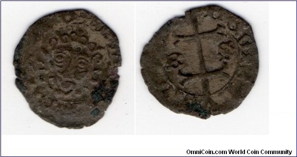 1458-1490 
Billon denar
Matthias Corvinus (Mátyás Hunyadi in Hun.) 
Obv: + MOnETA • MAThIE • DE, Lion's head, facing.
Rev: REGIS • h—VnGARIE, Patriarchal cross, B—S (privy mark) across fields.

.71 g.
15 mm.

The type was struck 1462 (per Pohl, Huszár & Unger). This privy mark was struck in Buda (now Budapest) by Stephan Kowách, kammergraf (per Pohl).

Huszár 704, Pohl 204-1, Unger 555a, Réthy II 222