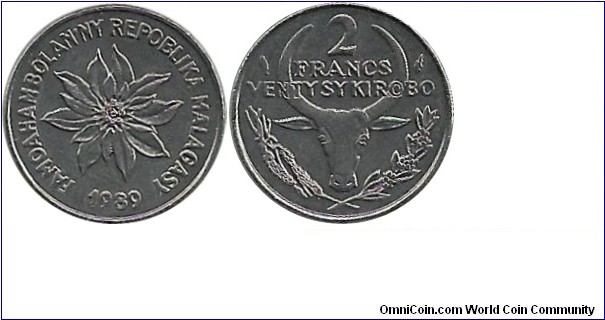 Madagascar 2 Francs 1989