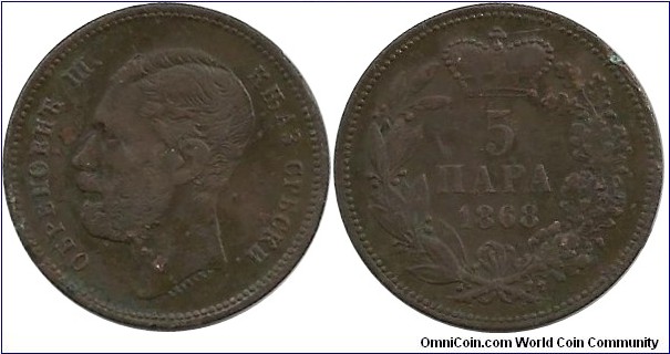 Serbia-Principality 5 Para 1868 - Ruler: Prince Mihailo Obrenović III (1860-1868)