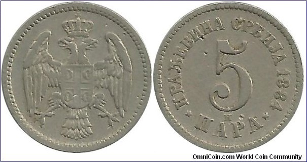 Serbia-Kingdom 5 Para 1884H - King Milan I (1882-1889)