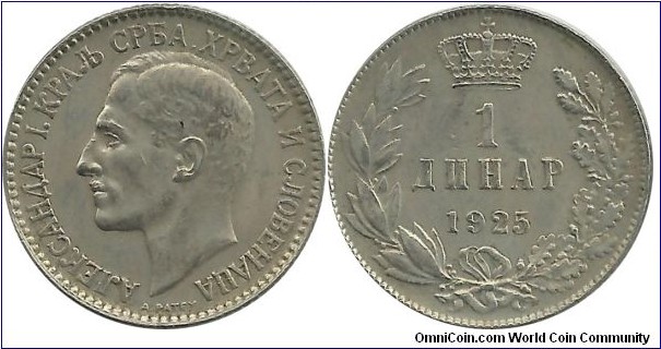 Kingdom of Serbs, Croats and Slovenes 1 Dinar 1925 - Ruler: King Aleksandar I (1921–1934)