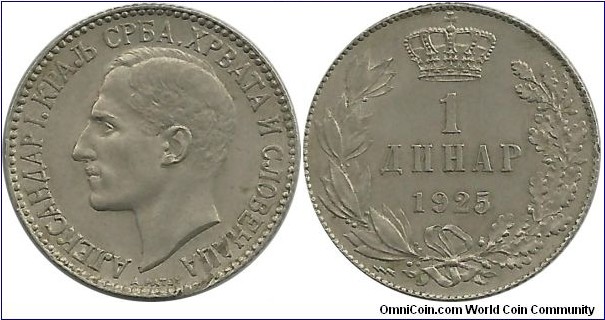 Kingdom of Serbs, Croats and Slovenes 1 Dinar 1925 (thunderbold) - Ruler: King Aleksandar I (1921–1934)